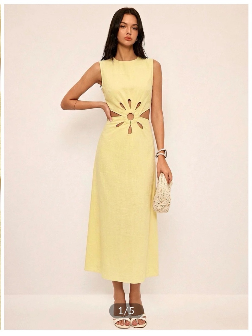 Commense Pale Yellow Sleeveless Midi Dress with Floral Cutout